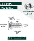 Fifty Pack Button Head Socket Cap Screws Sized For 10-32 Thread By Half Inch Finely Threaded Eighteen Eight Stainless Steel Hardware, size info image.