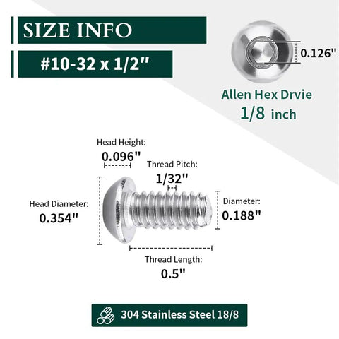 Fifty Pack Button Head Socket Cap Screws Sized For 10-32 Thread By Half Inch Finely Threaded Eighteen Eight Stainless Steel Hardware, size info image.
