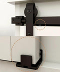 Two And A Half Foot Sliding Barn Door Hardware Kit For Single Door TV Stands And Small Cabinets J Shaped Hanger System With Carbon Steel Track Frosted Black Finish Stainless Steel Wheel Bearings And Nylon Rollers For Quiet Smooth Operation No Cabinet, close-up of installed hardware on white cabinet