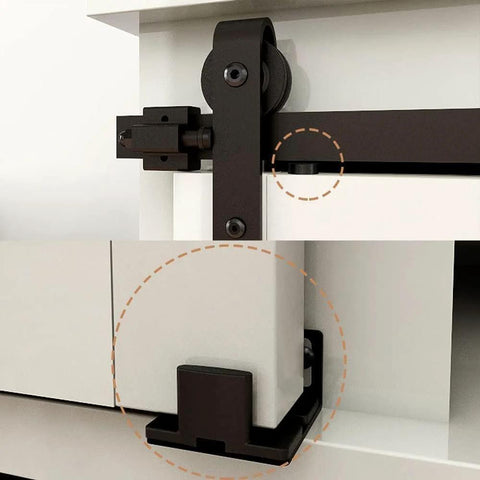 Two And A Half Foot Sliding Barn Door Hardware Kit For Single Door TV Stands And Small Cabinets J Shaped Hanger System With Carbon Steel Track Frosted Black Finish Stainless Steel Wheel Bearings And Nylon Rollers For Quiet Smooth Operation No Cabinet, close-up of installed hardware on white cabinet