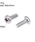 M4x10mm Pan Phillips Machine Screws In 304 Stainless Steel With Corrosion Resistant Coating, two screws showing head and threads.