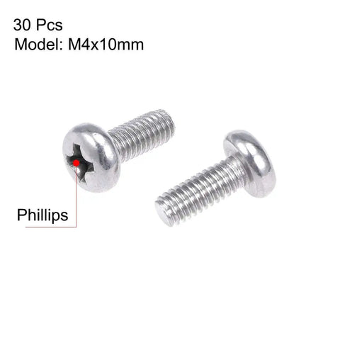M4x10mm Pan Phillips Machine Screws In 304 Stainless Steel With Corrosion Resistant Coating, two screws showing head and threads.