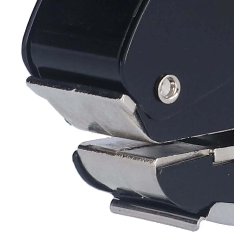 Close-up of heavy duty metal handheld single hole punch tool, showing detail of paper stopper and sturdy construction for up to 10 sheets.