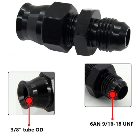 Front view of black aluminum 6AN to 3/8 in tube OD fuel hardline straight fitting adapter