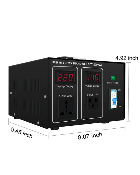 Heavy Duty Step Up And Down Transformer 220V To 110V 2000W Voltage Converter with dual displays and sockets.