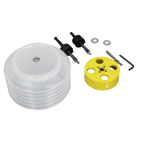 Rock Solid 4-25 Inch Bimetallic Hole Saw Kit For Recessed Lights And DIY Pro Jobs With Dust Bowl And Extras To Cut Wood Metal Pipes Smoothly, shown with dust bowl and cutters