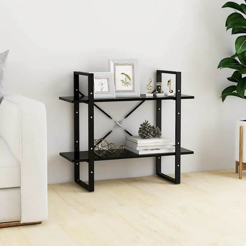 Two Tier Black Book Cabinet With Engineered Wood Shelves No Fuss Storage For Books And Decor in minimalist living room