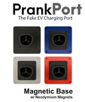 High Grade Magnetic Tesla Compatible Fake EV Charging Port Decal For Gas Guzzler Rides, 4 color options displayed.