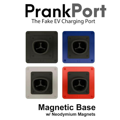 High Grade Magnetic Tesla Compatible Fake EV Charging Port Decal For Gas Guzzler Rides, 4 color options displayed.