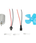 Wind Turbine Generator Kit For DIY Projects And Teaching Models With 12V Turbine Motor That Converts Wind Into DC 0 To 20V Power Compact 25mm By 31mm Size And Easy Plug And Play Electrical Components For Education, components shown: motor, wires, blue paddle.