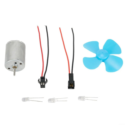 Wind Turbine Generator Kit For DIY Projects And Teaching Models With 12V Turbine Motor That Converts Wind Into DC 0 To 20V Power Compact 25mm By 31mm Size And Easy Plug And Play Electrical Components For Education, components shown: motor, wires, blue paddle.