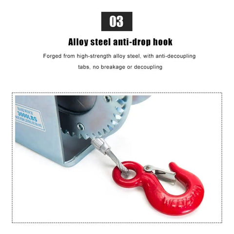 Heavy Duty Hand Winch With Two Way Ratchet And Ergonomic Handle showing alloy steel anti-drop hook feature