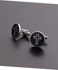 Black Cross Pattern Titanium Steel Cufflinks For Men, sharp dress shirt fasteners for business, wedding, and party