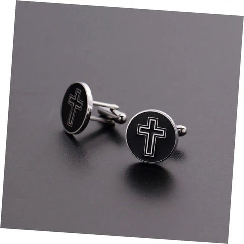 Black Cross Pattern Titanium Steel Cufflinks For Men, sharp dress shirt fasteners for business, wedding, and party
