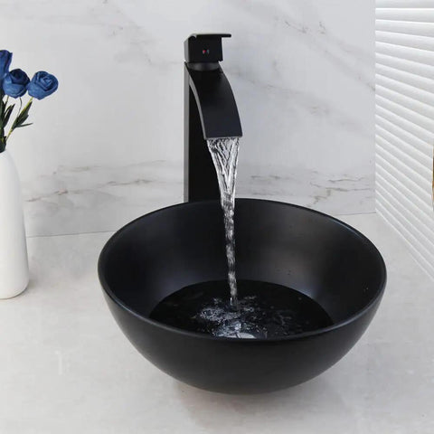 Black Ceramic Vessel Sink With Faucet And Drain Set For Above Counter Use, Round Bowl, Waterfall Spout, Deck Mounted