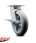 Kingpinless Swivel Caster With Thermoplastic Rubber Donut Tread And 8 Inch Gray Wheel Featuring Side Lock Brake, angled view.