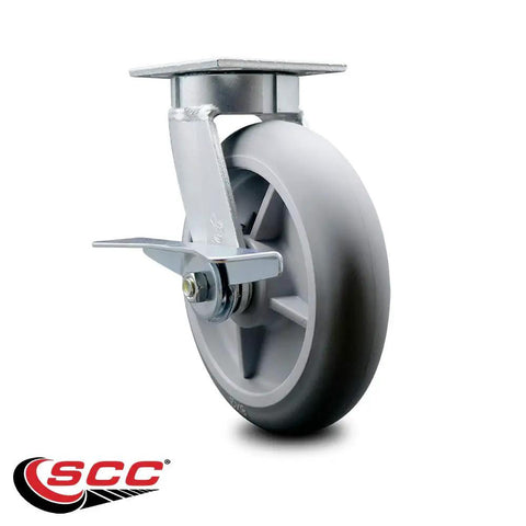 Kingpinless Swivel Caster With Thermoplastic Rubber Donut Tread And 8 Inch Gray Wheel Featuring Side Lock Brake, angled view.