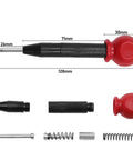 Five Piece Automatic Center Punch Kit Spring Loaded Adjustable Impact Built Tough Brass Drill Starter Pin With Cushioned Grip For Wood Metal Plastic No Fuss Garage Gear, parts layout with measurements.