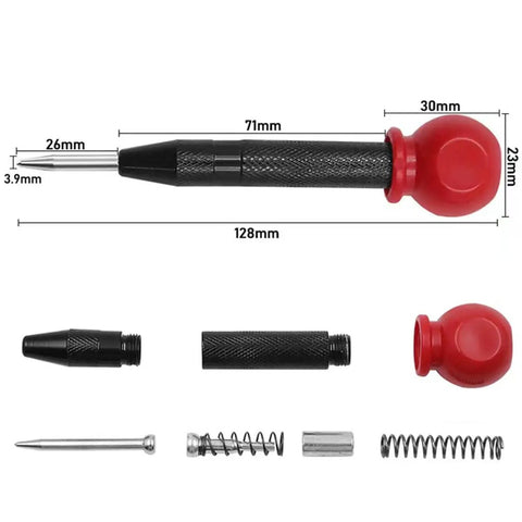 Five Piece Automatic Center Punch Kit Spring Loaded Adjustable Impact Built Tough Brass Drill Starter Pin With Cushioned Grip For Wood Metal Plastic No Fuss Garage Gear, parts layout with measurements.