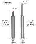 14 To 22 Inch Adjustable Gas Lift Cylinder For Office Chair And Gaming Stool Replacement Parts, Heavy Duty Hydraulic Pneumatic Cylinder Shock Piston With Eight Inch Stroke, Smooth Rise And Fall, 360 Degree Rotation, Rugged Steel Build showing minimum and maximum height dimensions.