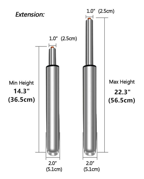 14 To 22 Inch Adjustable Gas Lift Cylinder For Office Chair And Gaming Stool Replacement Parts, Heavy Duty Hydraulic Pneumatic Cylinder Shock Piston With Eight Inch Stroke, Smooth Rise And Fall, 360 Degree Rotation, Rugged Steel Build showing minimum and maximum height dimensions.