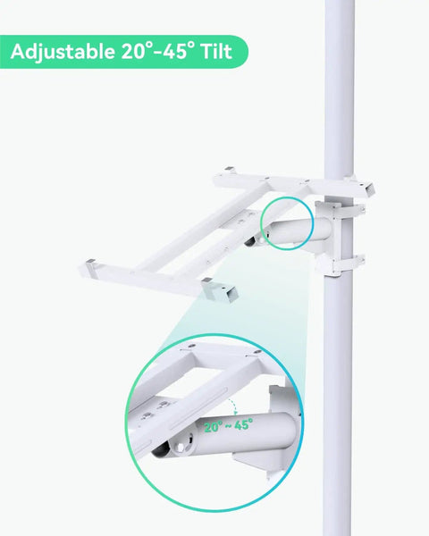 Heavy Duty Pole Mount Bracket For Solar Panels 50W To 150W With Adjustable Tilt on pole, close-up on tilt mechanism