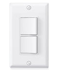 Plug And Play Double Paddle Rocker Light Switch For Two Fixtures Single Pole Decorator Style 15 Amp Self Grounding Electrical Switch Residential Grade UL Listed Glossy White Face, front view