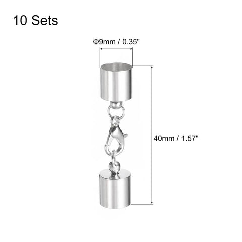 10 Sets Of 9mm Leather Cord End Caps With Lobster Claw Clasps Barrel Terminators, silver tone iron, 9mm diameter, 40mm length.