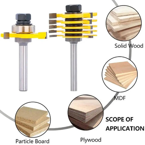 Two Piece Slot Cutter Router Bit Set With Bearings One Quarter Inch Shank Six Cutting Widths for woodworking materials.