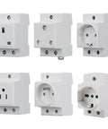 Rock Solid DIN Rail AC Socket Featuring Flame Retardant Nylon Housing And Built In Safety Shield For Steady Industrial Power Panels, six angles showing different socket designs.
