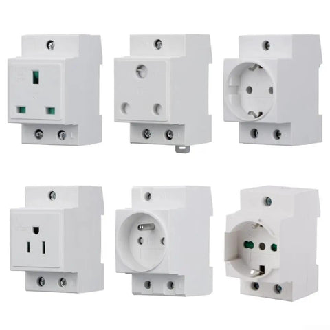 Rock Solid DIN Rail AC Socket Featuring Flame Retardant Nylon Housing And Built In Safety Shield For Steady Industrial Power Panels, six angles showing different socket designs.