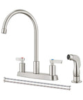 Two Handle High Arc Kitchen Faucet With Side Sprayer In Slick Brushed Nickel Finish offering a smooth 360 swivel spout and hoses.
