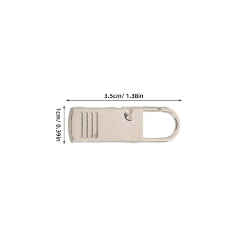 Top Shelf Universal Replacement Zipper Pull Heads 20 Piece Metal Kit With Sleek Detachable Tabs For Backpacks Purses Jackets And Luggage Repairs That Are Pure Gold, showing a sleek silver zipper pull, 3.5cm long.