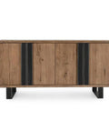 Top Tier 94 Inch Reclaimed Oak Wood Sideboard Buffet Cabinet Magnetic Doors Built In Wire Management Sturdy Open Shelving front view.