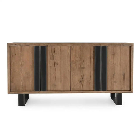 Top Tier 94 Inch Reclaimed Oak Wood Sideboard Buffet Cabinet Magnetic Doors Built In Wire Management Sturdy Open Shelving front view.