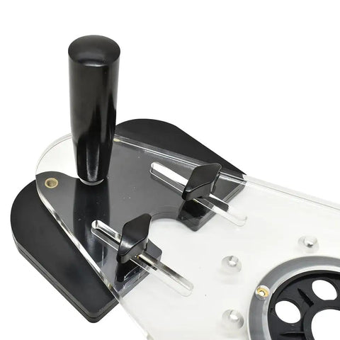 Universal Offset Router Base Plate For Precision Woodworking Clear Acrylic Foot With Reversible Edge Guide close-up view of adjustable settings
