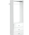 Wide Closet Organizer Kit With Pull Out Valet Rod Wall Mounted All In One Three Full Extension Drawers Two Foot Hanging Space Four Foot Shelf Space White Finish With Chrome Hardware 72 Inch Tall, front view