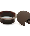 Super Slick Two Inch Desk Cable Grommet Covers Banish Snarled Wires And Keep Your Home Office Looking Snazzy Reliable Abs Plastic Cable Hole Plugs For Workstations Dark Brown Pair showing two grommet covers side by side on a white background.