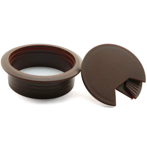 Super Slick Two Inch Desk Cable Grommet Covers Banish Snarled Wires And Keep Your Home Office Looking Snazzy Reliable Abs Plastic Cable Hole Plugs For Workstations Dark Brown Pair showing two grommet covers side by side on a white background.
