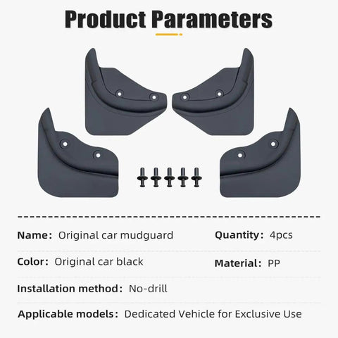 Next Gen Tesla Model Y Mud Flaps Splash Guards Set of 4 Fits 2025 and 2026 Models, rugged black PP material.