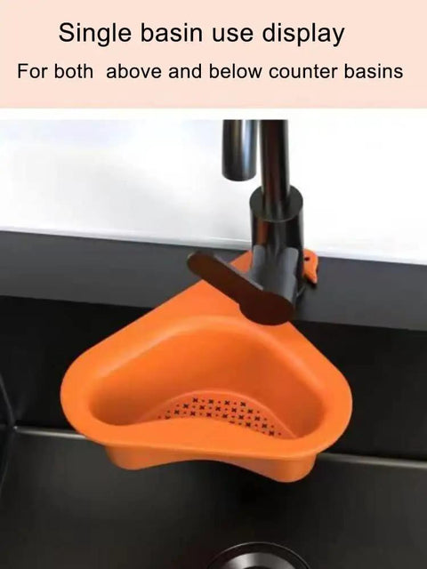 Orange triangular drain basket hanging on a faucet, part of a Four Pack Kitchen Sink Drain Basket Set, fits all sinks.