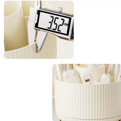 Rotating Desk Organizer With Six Compartments For Pens, Markers, Art Supplies And Makeup Tools, 360 Degree Spin Office Storage That Keeps Desk Clutter Under Control, Great For Home Office, Dorm, Nightstand Or Dresser. White plastic 3.52 mm compartment close-up.