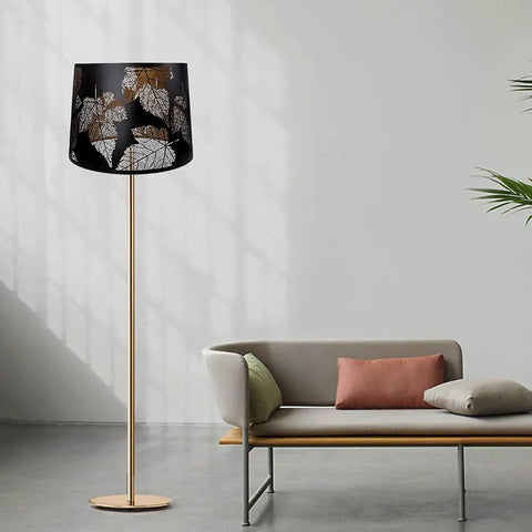 Metal Etched Drum Lamp Shade With Dope Leaf Pattern For Table And Floor Lamps Large 12 By 14 By 10 Inch Spider Fitter Harp Required Alucset Metal Construction Durable Aluminum Finish displayed in a modern living room