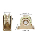 Front and side view of 2 Pack 60mm Sliding Gate Roller Set With Steel V Type Wheel Track showing measurements for smooth sliding doors.