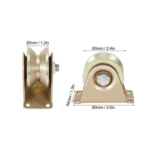 Front and side view of 2 Pack 60mm Sliding Gate Roller Set With Steel V Type Wheel Track showing measurements for smooth sliding doors.