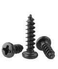 Black Carbon Steel Self Tapping Wood And Glasses Screws Set for DIY Projects, showing M1 to M4 sizes with pan head and Phillips drive.