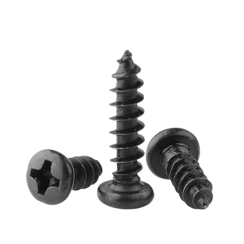 Black Carbon Steel Self Tapping Wood And Glasses Screws Set for DIY Projects, showing M1 to M4 sizes with pan head and Phillips drive.