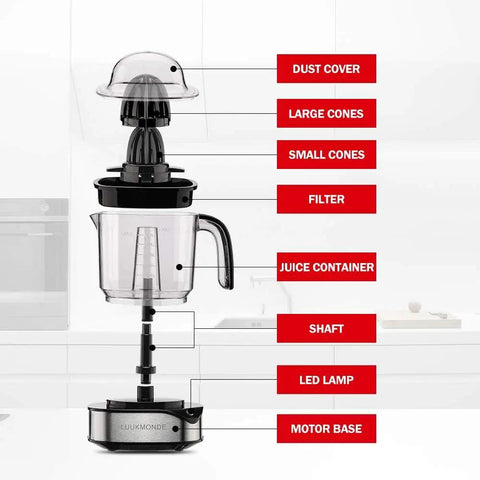 Luukmonde Electric Citrus Juicer 1.2L Large Volume components with dust cover, juice container, and motor base displayed.