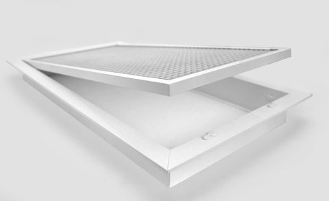 Premium Aluminum Eggcrate Return Air Grille for 1 Inch Filter, 12 by 20 Cube Core, White Finish, displayed open