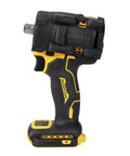 Premium 20 Volt Cordless Impact Wrench equipped with 1/2 inch detent pin anvil for mechanics, showcasing rugged black and yellow design.